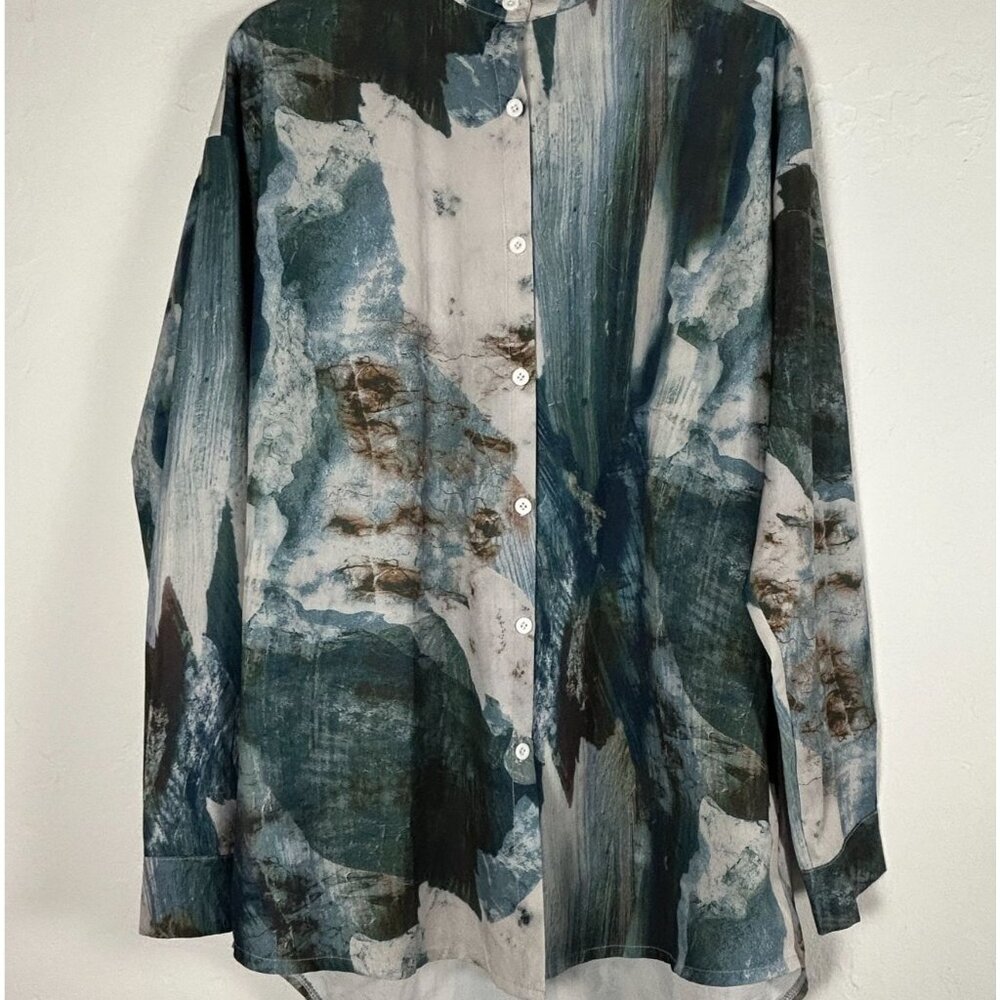 S.Y. Womens Abstract Print Button-Up Shirt Size 3 Mandarin Collar Long Sleeve